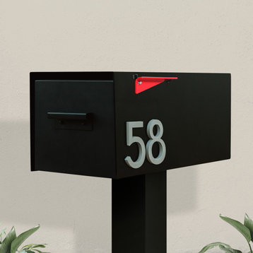 Malone Post-Mounted Mailbox + House Numbers, Black, Silver Font, With Post