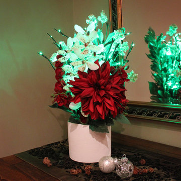 Christmas Bouquet - Red Dahlia with Orchids - Green Branch Lights