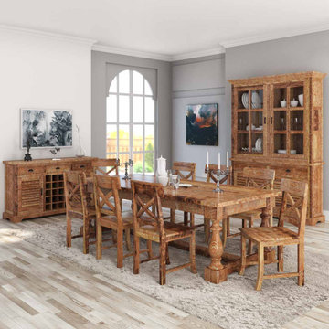 Britain Rustic Teak Wood Trestle Base 11 Piece Dining Room Set