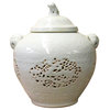 Chinese Off White Light Celadon Porcelain Dragon Foo Dogs Container