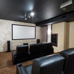 Home theater - mid-sized transitional enclosed carpeted and brown floor home theater idea in Toronto with beige walls and a projector screen