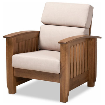 Mission Accent Chair, Exposed Rubberwood Frame With Taupe Fabric Seat Cushions