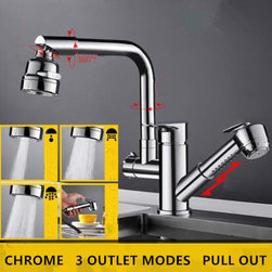 Brass Chrome Finished 3 Outlet Modes Pull Out Rotatable Kitchen Sink Faucet TC01 - Kitchen Faucets