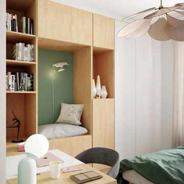 Un agencement sur-mesure en bois avec une niche de lecture et des rangements