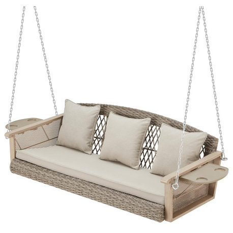 3-Seater Porch Swing 55in Wicker Hanging Swing Bench with Cushions, Beige