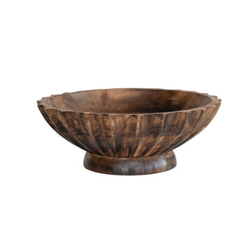9.5" Round Hand-Carved Mango Wood Footed Bowl, Scalloped Edge, Burnt Finish