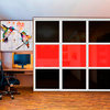 3 Panels Closet / Wardrobe Door with Black & Red Painted Glass Insert, 106"x96" Inches