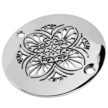 Bathroom Shower Drain, Greek Anthemion Design by Designer Drains, Polished Stainless Steel, 4.00" W/ 3-3/8 Ctc