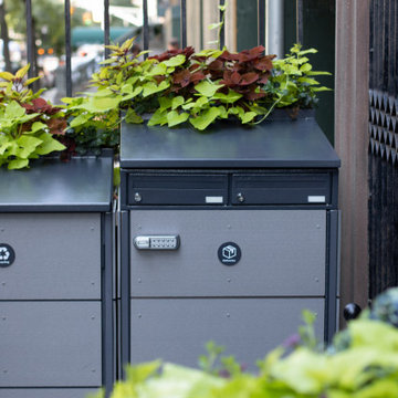ParcelBin in color Slate, with Mailbox and Planter Tops. A centralized location