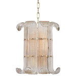 Hudson Valley Lighting - Brasher, 4 Light, Chandelier, Aged Brass Finish, Clear Glass - Glass is hand-poured into molds and then bent to form the distinctive panels constituting the bulk of Brasher's first impression. The texture of these panels refracts the light coming through, while the glass itself is infused with a soft champagne hue. Seen from underneath, the metal work concealed behind this glass is aesthetically pleasing in its own right.