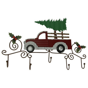 Metal Art Scroll Rustic Red Truck with Tree and Holly Wall Hook Rack