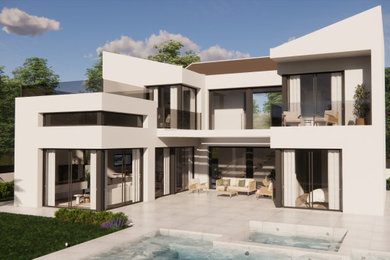 Diseño de fachada de casa blanca y marrón mediterránea grande de dos plantas con escaleras