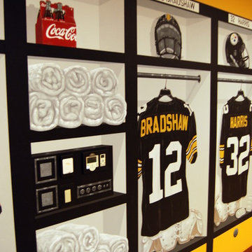 Pittsburgh Steelers 1970's Themed Locker Room Murals in a Home Gym/Game Room