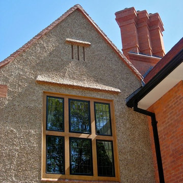 Front gable detail and chimney stack
