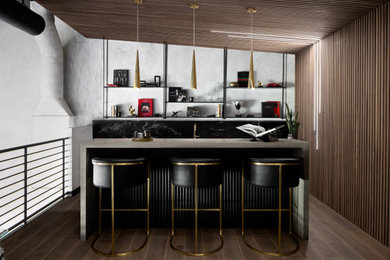 Design ideas for a contemporary galley home bar in Orange County with dark hardwood flooring, brown floors and grey worktops.