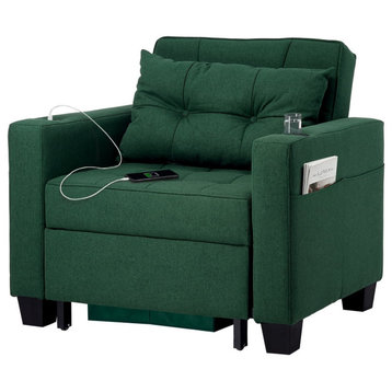 Convertible Sleeper Chair, Padded Seat With USB & Cup Holder, Green Linen