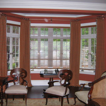 Pleated Draperies on Bay Area Over Wood Blinds