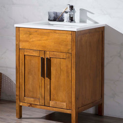 25 inch Transitional Brown Finish Single Bathroom Vanity Quartz Top - Bathroom Vanities And Sink Consoles