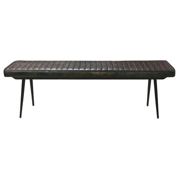 Modern Farmhouse Dining Bench, Flared Legs & Stitched Goat Leather Seat, Black