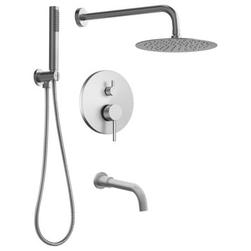 10" Wall Mount Rainfall Shower Head Tub And Shower Faucet with Rough-in Valve, Brushed Nickel
