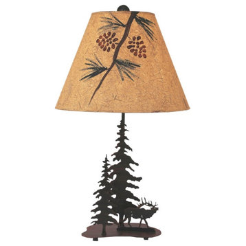 Burnt Sienna iron Nature Scene Table Lamp With 2 Feather Trees and Elk