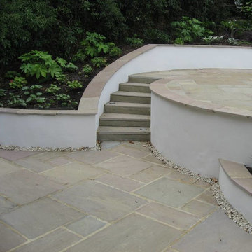 Steps up to dining area