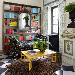 Eclectic home office in Chicago with white walls and multi-coloured floor.