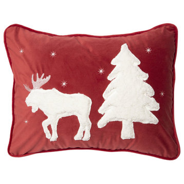 Red Moose and Snow Rustic Cabin Throw Pillow 16x20