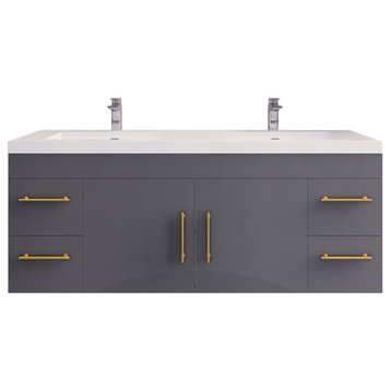 Rosa 60" Double Sink Wall Mounted Vanity with Reinforced Acrylic Sinks, Glossy Gray