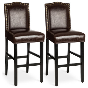 45"H Leatherette Barchair With Studded Decoration Back, Set of 2, Coffee