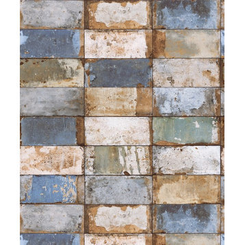 Natural Faux 2, Geometric Stone Wood Wallpaper, White, Blue, Roll, 21"x33'