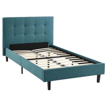 Modway Linnea Twin Modern Polyester Fabric and Wood Bed in Teal Blue