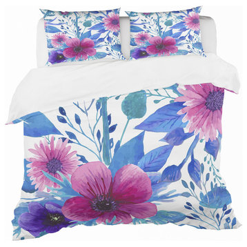 Purple Pansie and Blossoming Daisies Floral Duvet Cover, Twin