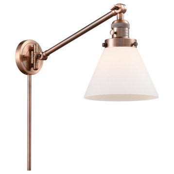 Large Cone 1-Light LED Swing Arm Light, Antique Copper, Glass: White Cased