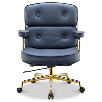 Lobby Chair With Lumbar Support Ergonomic Liftable Mid-Back Executive Chair, Gold  Chrome&navy Blue