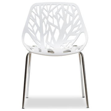 Set of 2 Armless Dining Chair, Cut Out Tree Design With Sleek Metal Legs, White