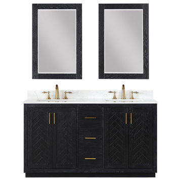 Gazsi Black Oak Bathroom Vanity Set, 60", With Mirror