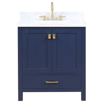 Freestanding Bathroom Vanity With Marble Countertop and Undermount Sink, Blue, 30'' With Sink