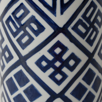 Benzara BM285526 14" Lidded Jar, Geometric Pattern, Cylindrical Blue
