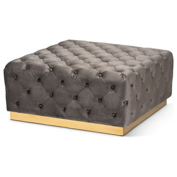 Bowery Hill Gray Velvet Gold Finished Square Cocktail Ottoman