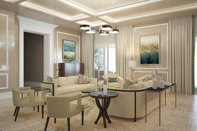 This is an example of a large contemporary formal open concept living room in Miami with beige walls and beige floor.