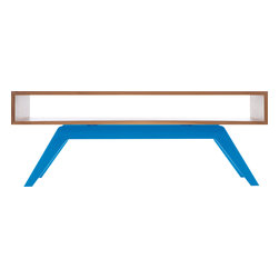 Eastvold Furniture - Elko Coffee Table, Walnut, Blue Base - Coffee Tables