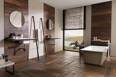Freestanding bathtub - huge contemporary master dark wood floor freestanding bathtub idea in Other with open cabinets, white walls, an integrated sink and solid surface countertops