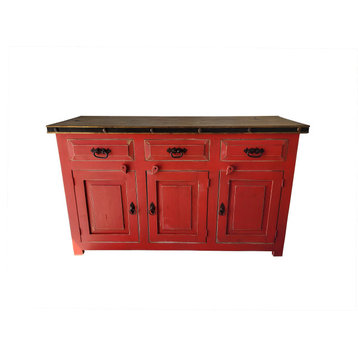 Bryson Rustic Red Kitchen Buffet Cabinet, Red, 55 X 20 X 32