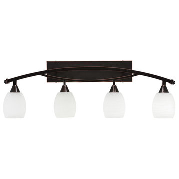 Toltec Lighting Bow 4-Light Bath Bar, 5" White Linen Glass Bulb On, Black Copper