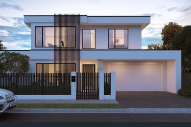 This is an example of a large contemporary two-storey white house exterior in Adelaide with a flat roof and a metal roof.