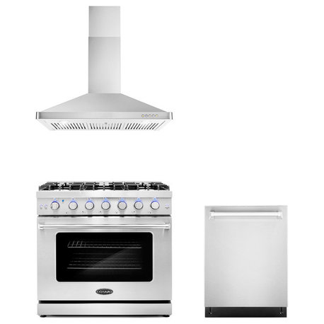 3-Piece, 36" Gas Range 36" Wall Mount Range Hood and 24" Dishwasher