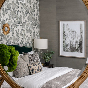 Moody Primary Bedroom with Floral Grasscloth Wallpaper Green Velvet Bed Deep War