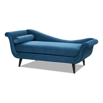 Kai Modern Velvet Chaise Lounge with Bolster Pillow, Teal Blue Velvet