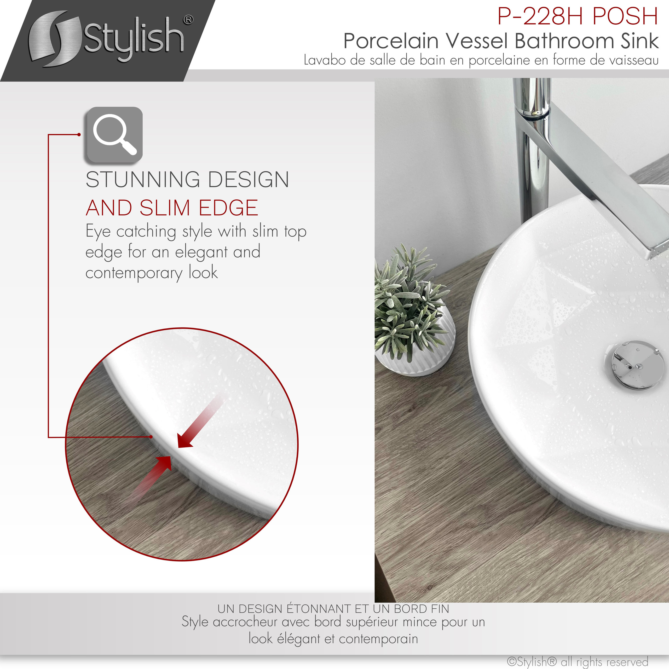 STYLISH Porcelain Round 15-3/4-inches Vessel Ceramic Bathroom Sink White